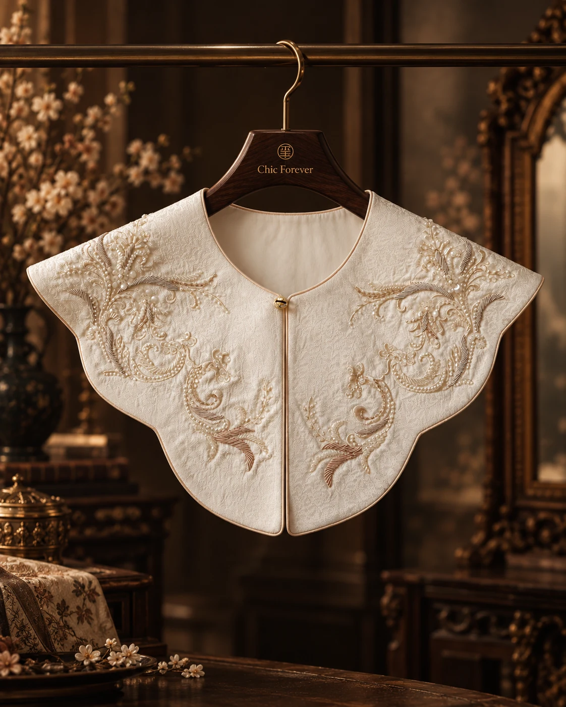 Ivory bird-motif yunjian hanging with paired birds and tendrils across the shoulders